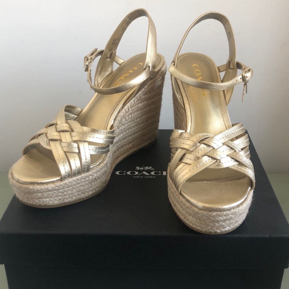 Coach Gold Jute Platform Wedge Sandals